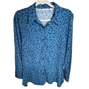 Susan Graver Blue Black Peachskin Print Button Up Long Sleeve Shirt Top Womens M